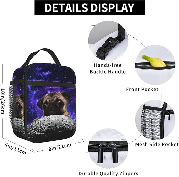 Pug Moon Space Lunch Box Reusable Insulated Totes Lunch Bag Thermal Cooler For Boy Girls School Men Women Beach Picnic Travel