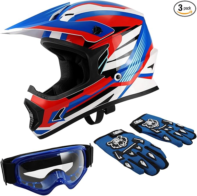 TCT-MOTORPARTS DOT Youth Kids Motocross ATV Full Face Helmets for Offroad Street Dirt Bike Go-Kart BMX MX Blue Medium