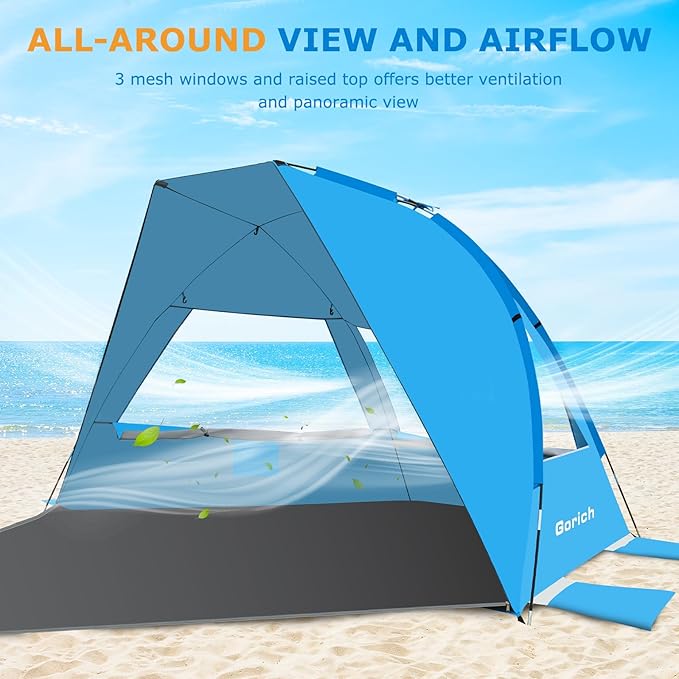 Gorich Portable Beach Tent for 3-7 Person with UPF 50+ UV Protection, Lightweight & Foldable Sun Shelter with 5 Sand Bags, Easy Setup Windproof Beach Umbrella Sun Shade