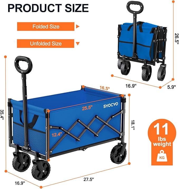 Collapsible Wagon Cart 360lbs Beach Foldable Wagon Lightweight & Portable Folding Utility Grocery Shopping Carts with Wheels for Shopping Sports Garden Camping Blue