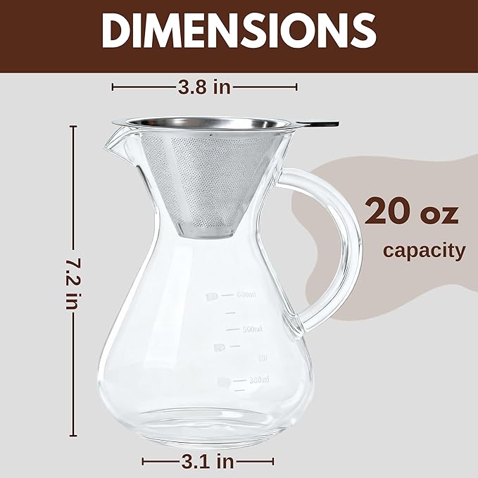 Pour Over Coffee Maker - Borosilicate Glass Carafe - Reusable Stainless Steel Paperless Filter/Dripper - For Home & Office & Resteraunt & Camping