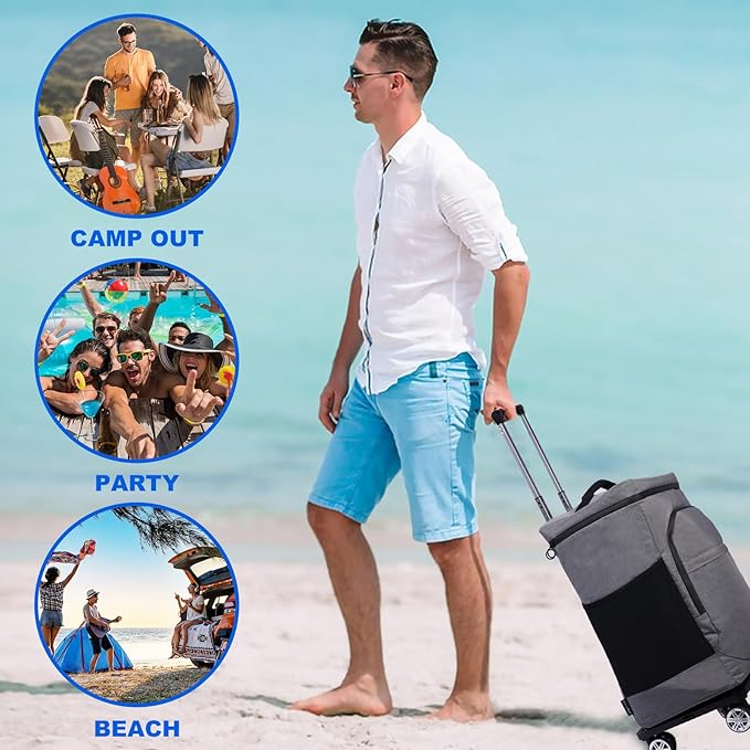 Cooler Bag Wheeled，Large Removable Insulated Rolling Cooler Collapsible Leakproof Portable Hard Framed Ice Packs for Camping Picnic Beach Travel（Gray）