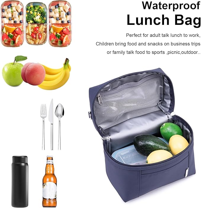 NOL Natural Organic Lifestyle Insulated Lunch Bags for Women Cooler Bag Lightweight Nylon Waterproof Lunch Box For Work (Small, Navy blue)