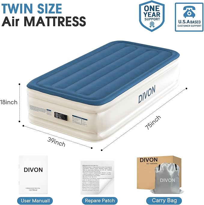 DIVON Twin Air Mattress with Built in Pump Raised,18”Single Inflatable Mattress in 2 Mins,Foldable Blow Up Mattress,Portable Twin Size Air Mattress for Camping,Travel&Floor,Air Bed for Adults,330lbs