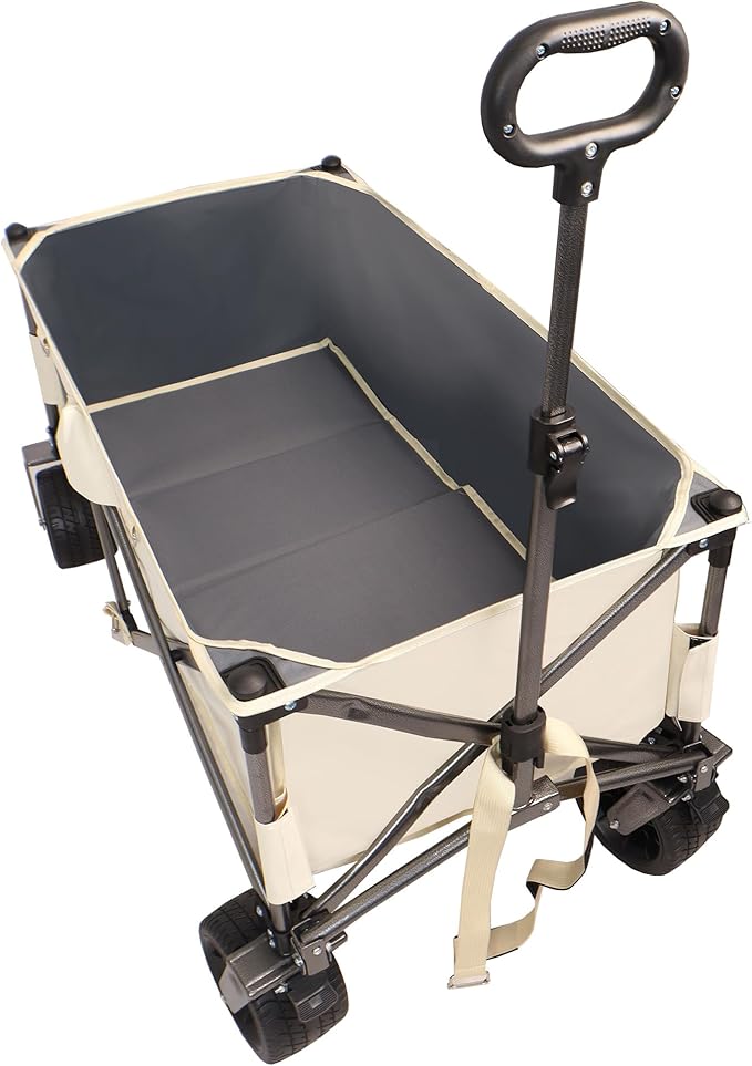 Collapsible Folding Wagon with Big Wheels,Heavy Duty Utility Beach Buggy Cart w/Adjustable Handle and Drink Holder,for Sand,Shopping,Camping,Garden,Outdoor,38",Antique White