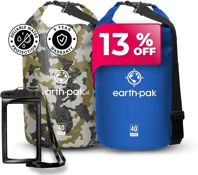 Earth Pak Waterproof Dry Bag - Roll Top Waterproof Backpack Sack (Camo 40L & Blue 40L)