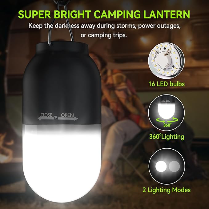 RECHOO Camping Essentials, 4 Pack Camping Lantern for Power Outages, Portable Camping Tent Lights with Clip Hook for Outdoor, Survival Gear for Hurricane, Emergency Supplies (Battery Included)