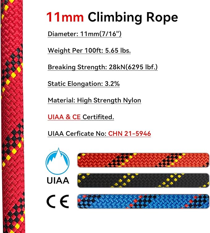 Static Climbing Rope 11mm UIAA Static Line Rappelling Rope 60M (200ft) Nylon Kern Mantle Rope for Escape Rope Rock Climbing, Mountain Tree Climbing, Hauling, Rescue