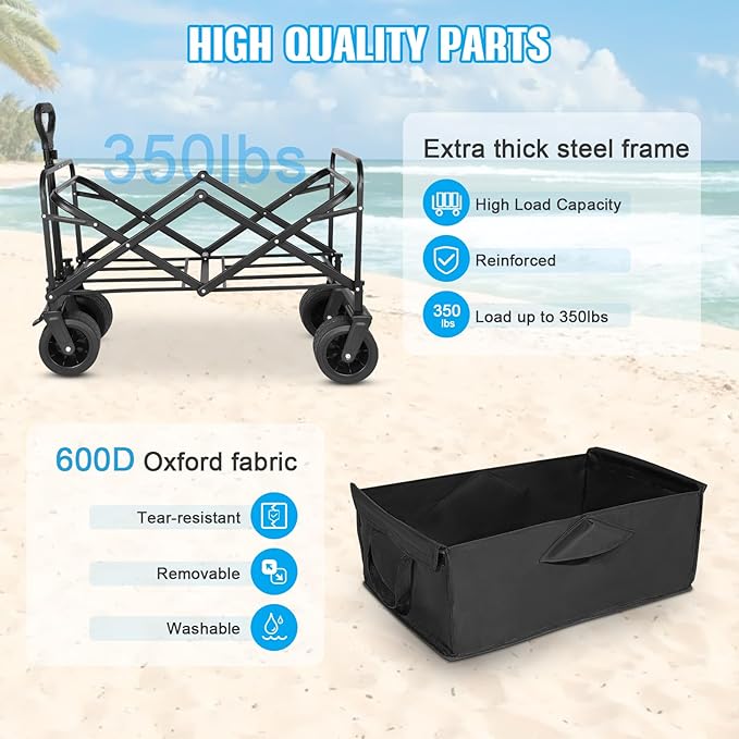 Beach Wagon,Collapsible Foldable Wagon Cart with Big Wheels,Utility Folding Grocery Lounge All Terrain Wagon with Side Pocket and Brakes for Sand Camping Sports Outdoor(Black).