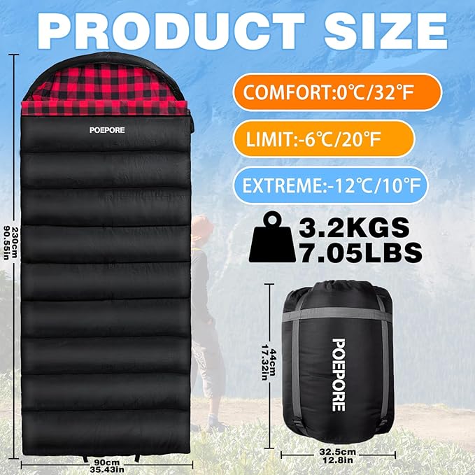 Flannel Sleeping Bag 0 Degree Cold Weather for Adults XXL Sleeping Bag 4 Season Big and Tall with Compression Sack