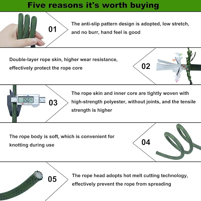 Double Braided Arborist Rigging Rope (1/2 in x 50 ft) Strong Polyester Rope 48 Strands for Tree Work Climbing Pulling Swing Sailing, ArmyGreen/Black