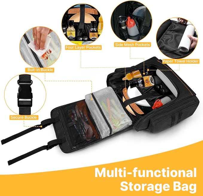 ORKELS Camping Organizer Hanging Tactical Camping Cookware Bag – Utensil Organizer with Towel Holder & Multiple Pockets for RV, Tent, Camper, Grilling