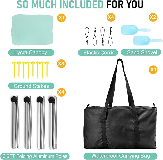 Beach Tent Sun Shelter Beach Canopy Tent Sun Shade Pop Up 10x10 UPF50+ with 8 Sandbags-2 Sand Shovel-Portable 4 Aluminum Poles-Ground Pegs-Easy Setup for Outdoor Family Camping Fishing Picnic