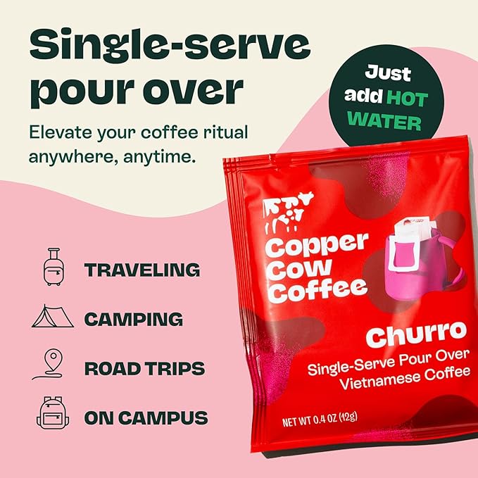 Copper Cow Premium Pour Over Single-Serve Vietnamese Coffee | Churro | Dark Roast | Flavored with Real Cinnamon | Includes 8 Coffees