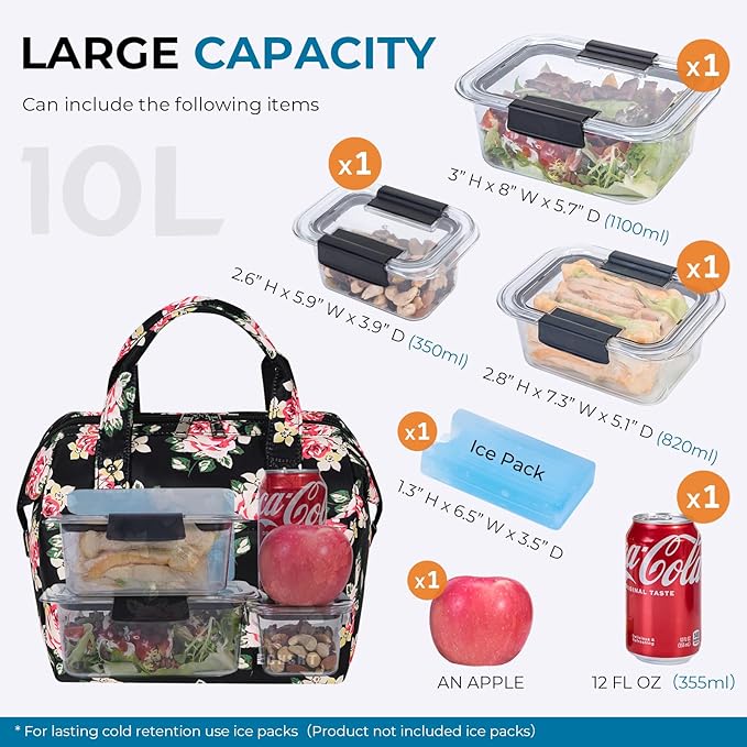 ECHSRT Large Insulated Lunch Bag for Women Men Leakproof Cooler Lunch Tote Bags for Work Travel Adult Thermal Lunchbox for Office -10L Rose Print