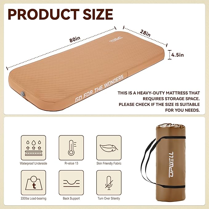 UPWELL Self Inflating Sleeping Pad 4.5" Thickness Camping Mattress with Solid Foam Single Sleeping Mat Portable Fast Inflation for Outdoor Mat Portable Roll Up Bed Brown