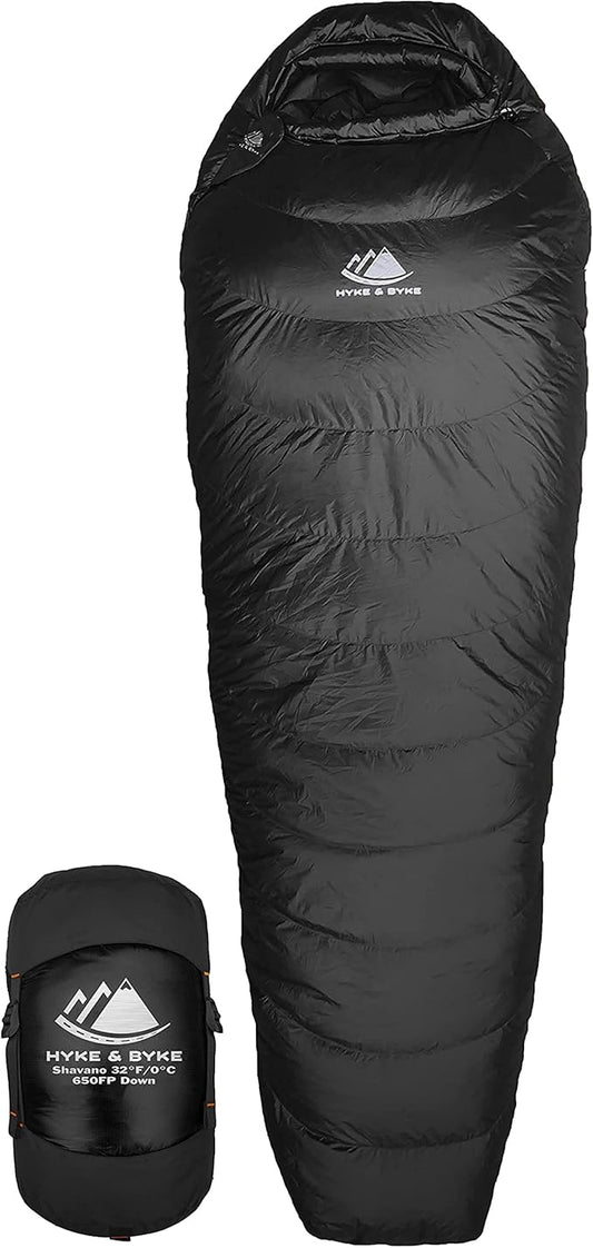 Hyke & Byke Shavano 32 F Hiking & Backpacking Sleeping Bag - 3 Season, 650FP Duck Down Sleeping Bag - Ultralight - Black - 78in - Regular