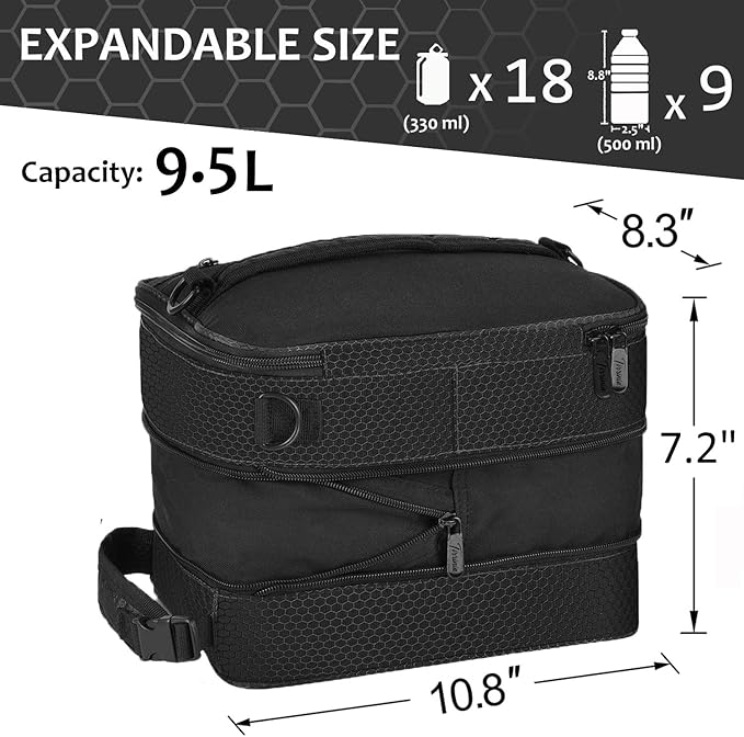Expandable Insulated Lunch Bag, Leakproof Flat Lunch Cooler Tote with Shoulder Strap for Men and Women, Suitable for Work & Office by Tirrinia, Black