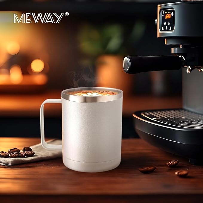 MEWAY 12oz Coffee Mug With Handle 2 Pack Bulk,Stainless Steel Insulated Travel Tumblers With Sliding Lid,Double Wall Vacuum Camping Cup for Hot & Cold Drinks Tea (White,Set of 2)
