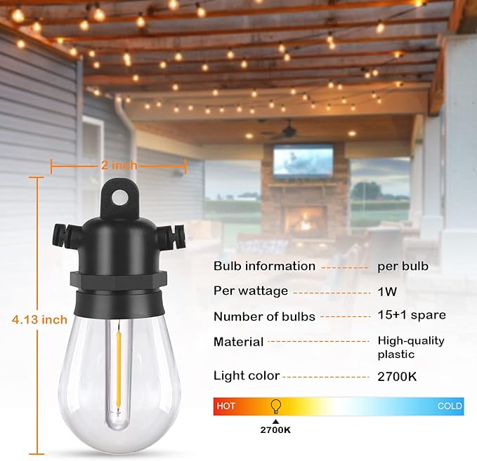 DGE Outdoor LED String Lights 48FT Patio Shatterproof & Waterproof IP65, 18 AWG UL Listed Wire Bright String Light for Patio, Backyard, Gazebo, Porch, Wedding Party