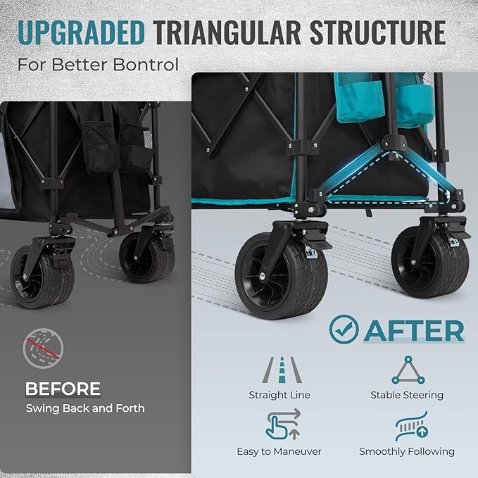 FUNDANGO 600lbs Collapsible Wagon, Foldable Beach Wagons Heavy Duty Garden Cart with Brakes, Side Pockets & All-Terrain Big Wheels for Sports Camping Shopping Groceries, Black/Blue