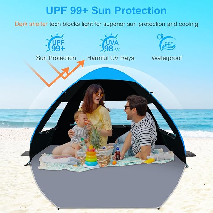Gorich Easy Pop Up Beach Tent for 3-4 Person, UPF 50+ UV Protection Beach Umbrella Sun Shelter, Portable Lightweight Cool Cabana Shade with Easy Foldable & Instant Setup