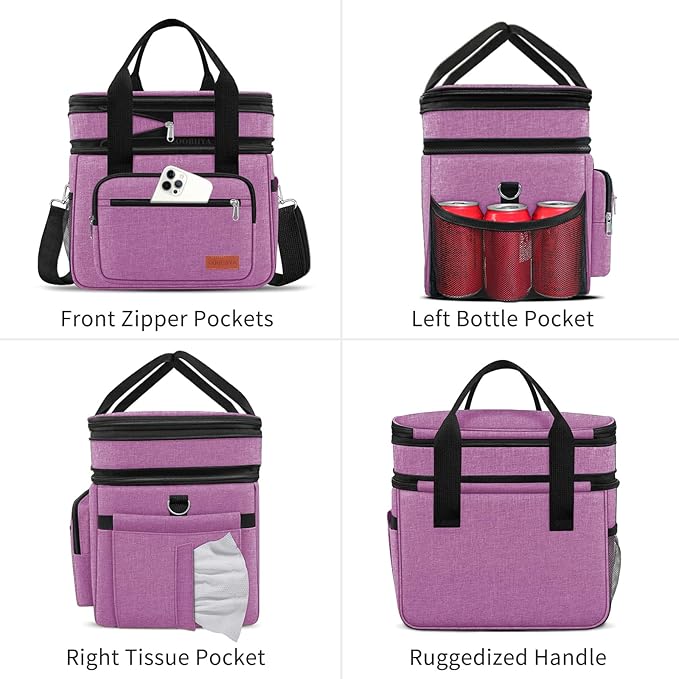 23L Extra Large Expandable Insulated Cooler Lunch Box for Men Double Deck Leakproof Heavy Duty Lunch Bag with 4 Ice Packs&2 Snack Bags for Adult/Construction/Women/Work/Picnic/Camping - Purple