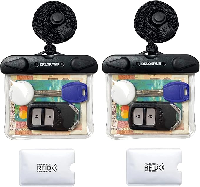 DRLOKPAK Submersible Waterproof Wallet Surf Dry Car Key FOB Case Bag 2Pack Waterproof Pouch Holder For Key Credit Door Ship Card Cash ID Driver Fishing Hunting License(Clear＋Clear