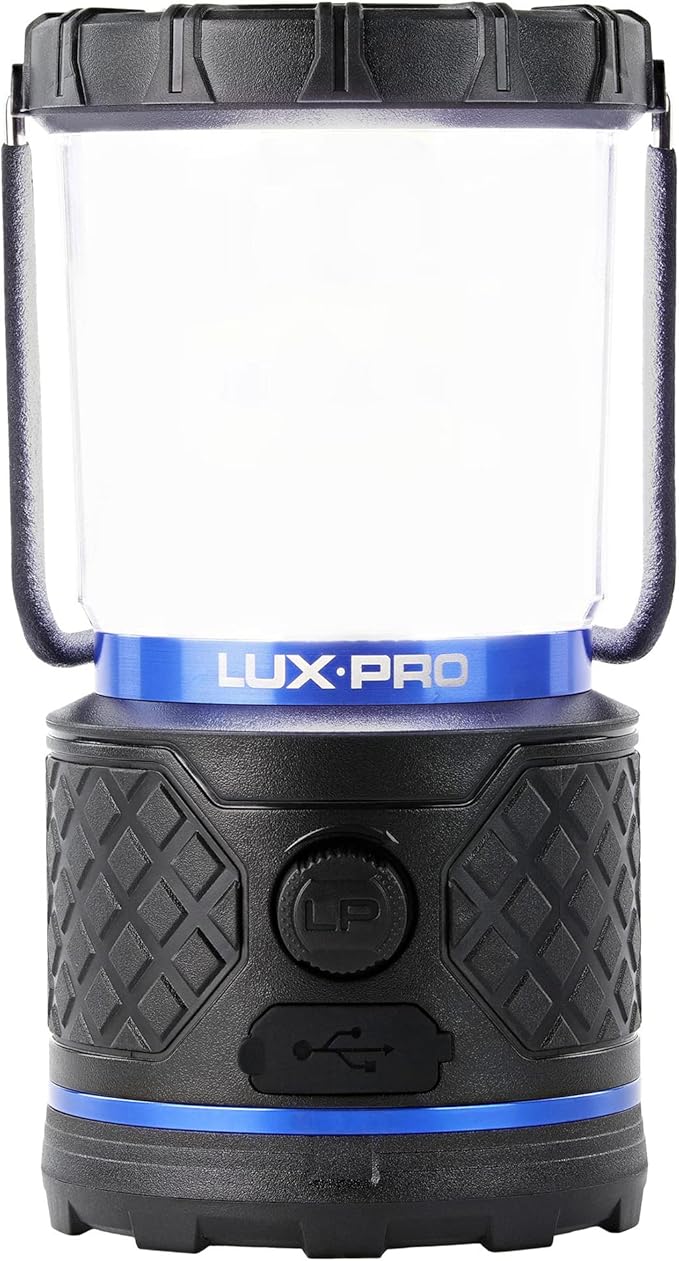 LUXPRO Rechargeable Dual-Power 940 Lumen LED Lantern with Diffused Lens for Up to 155 Hours of Use - Camping Lantern with Built-in Power Bank - Dimmable LED Light with IPX4 Water-Resistant Rating