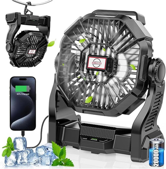 20000mAh Rechargeable Camping Fan with LED Lantern,Portable Battery Powered Outdoor Fan for Bedroom,Camping,Travel,Hiking,Beach,Office,Trave Accessories(Black)