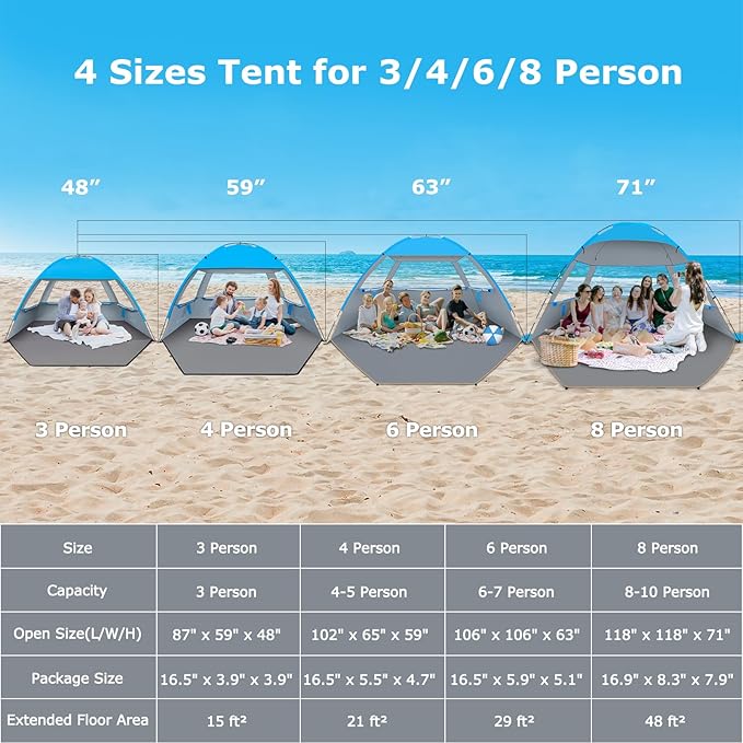 Venustas Beach Tent Sun Shelter for 3-10 Person, UPF 50+ UV Protection Canopy, Lightweight and Easy Setup Cabana, Portable Beach Shade