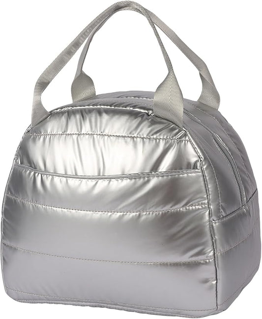 Lunch Bag Lunch Box for Women Men Adult Insulated Cute Small Quilted Puffer Lunchbox Reusable Thermal Lunch Cooler Tote Bag for Work, Picnic or Travel-Silver