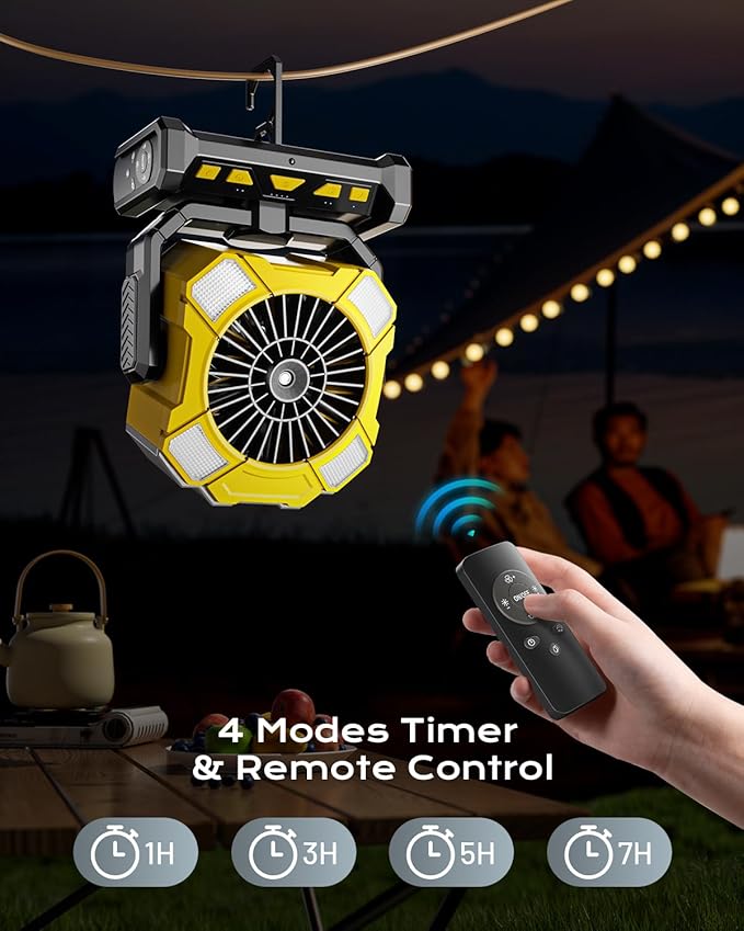 Portable Fan with Misting & 24000mAh Battery - 80H Runtime, 7μm 16ft Mist, Ultra Quiet 4-Speed Camping Fan for Outdoor Indoor, Remote & 300mL Tank-Yellow