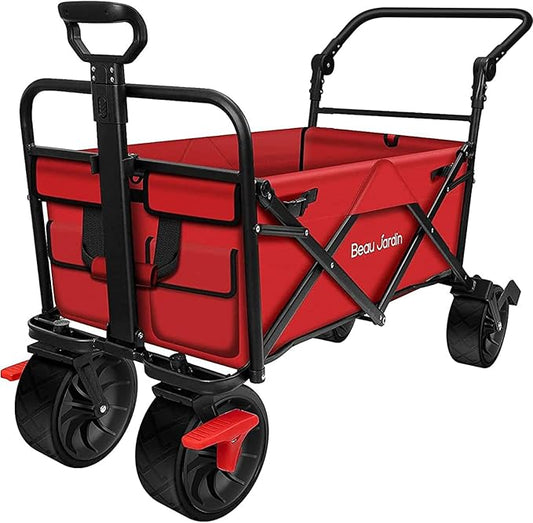 BEAU JARDIN Collapsible Foldable Push Pull Folding Beach Wagon 350lbs Heavy Duty Utility Camping Grocery Garden Sport Shopping Wagon Cart with All Terrain Big Sand Wheels and Brakes Red