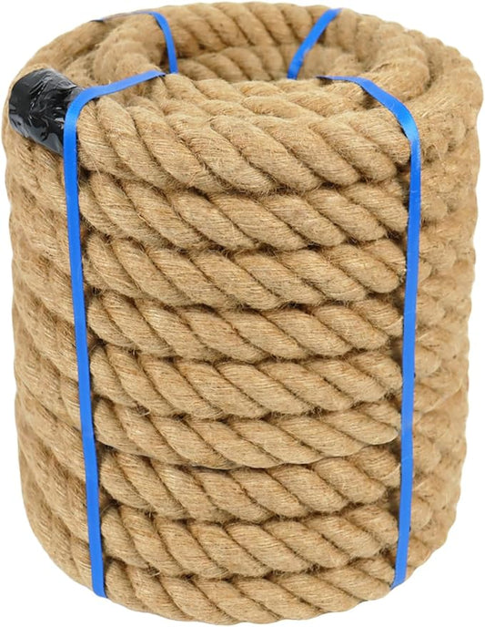 2 Inch Natural Jute Rope, 100 Feet Thick Hemp Rope, 4 Strands Twisted for Docks, Nautical, Raliings, Tree Climbing, Decorating, Indoor/Outdoor Use