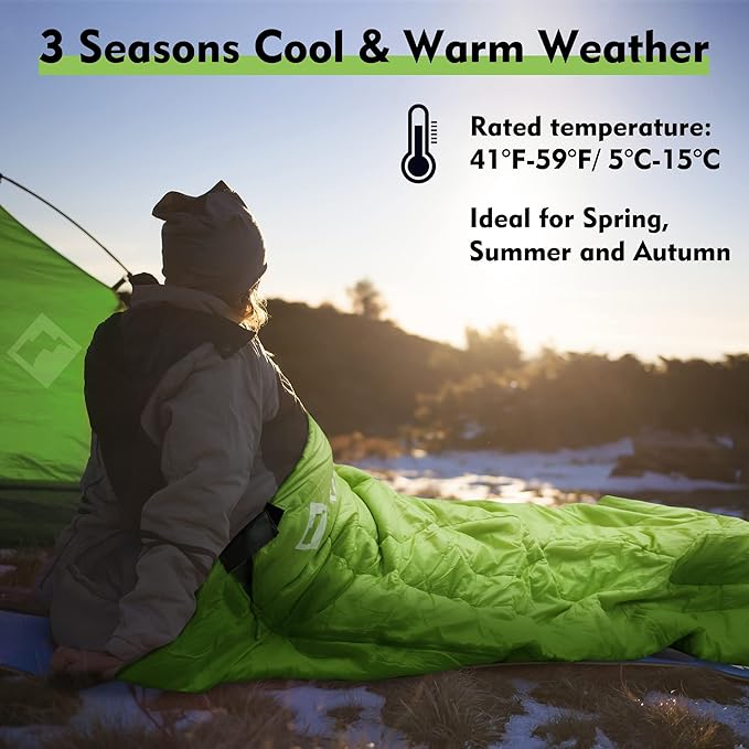 VILLEY Camping Sleeping Bag, Lightweight Backpacking Sleeping Bag with Carrying Bag for Adults & Kids, Outdoor Camping Hiking Equipment for 3 Season Warm & Cool Weather - Summer, Spring, Fall