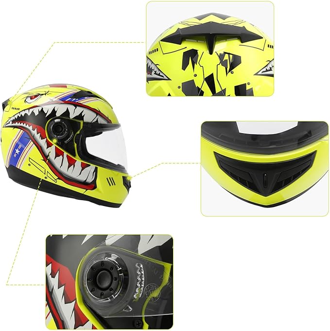 TCT-MOTORPARTS DOT Youth Kids Helmet Motocross ATV Full Face Four Wheeler Helmets for Offroad Street Dirt Bike Go-Kart BMX MX Snowmobile Skateboard Yellow Shark Mouth Small
