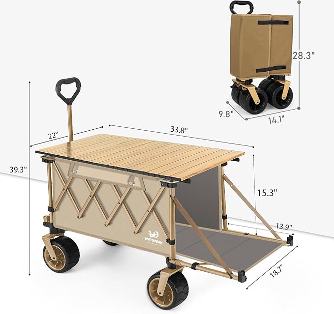Whitsunday Collapsible Folding Wagon with Table,Heavy Duty Utility Beach Wagons with Opened Tailgate and All-Terrain Wheels for Camping,Garden,Sports Khaki