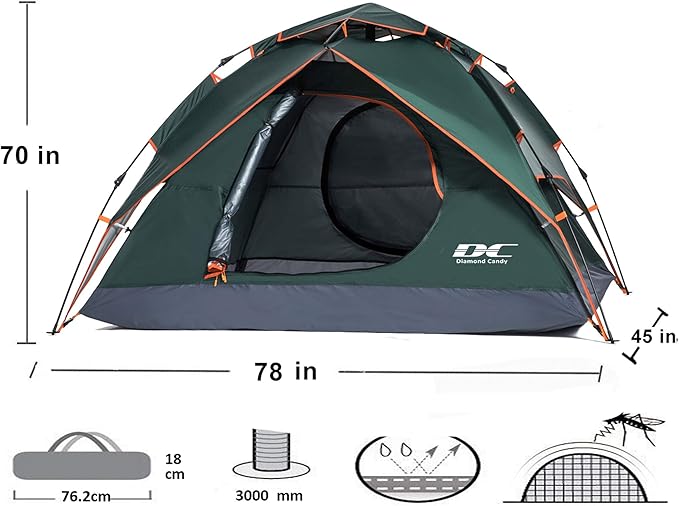 Diamond Candy Pop Up Tents for Camping 2-3 Person, 3000mm Waterproof Tent, Instant Setup in 60 Seconds, 2 Ventilated Mesh Doors, 8x7 ft Sun Shelter