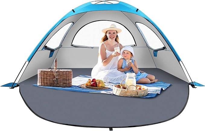 Beach Tent Sun Shelter for 3-4Person, Lightweight Beach Tent with UV Protection, 3 Mesh Roll Up Windows & 8.0mm Fiberglass, Easy Assemble