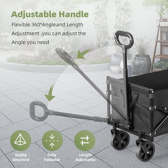 Collapsible Wagon Cart Foldable, 100L Folding Wagon Cart with Wheels, Outdoor Utility Carts with 350lbs Weight Capacity for Grocery Beach Camping Shopping, Black