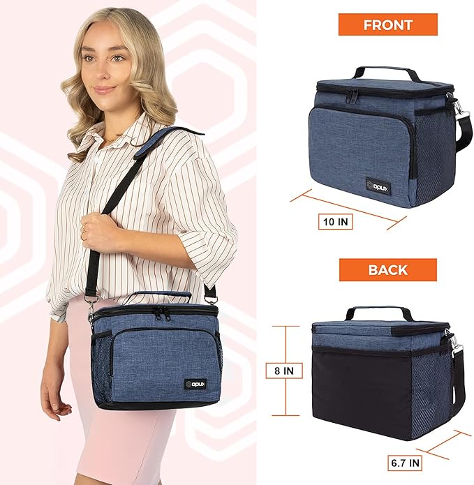 opux Insulated Lunch Bag for Men Women, Soft Lunch Box for Office Work School Picnic, Leakproof Lunch Cooler Bag with Shoulder Strap for Kid Adult Boy Girl, Medium Lunchbox Lunch Tote (Heather Navy)