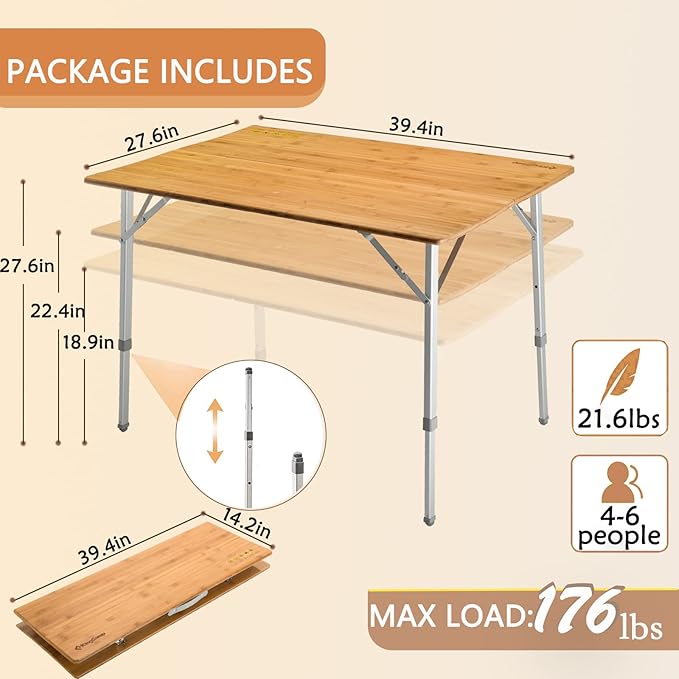 KingCamp Lightweight Stable Folding Camping Table Bamboo Outdoor Folding Tables Adjustable Height Portable Picnic