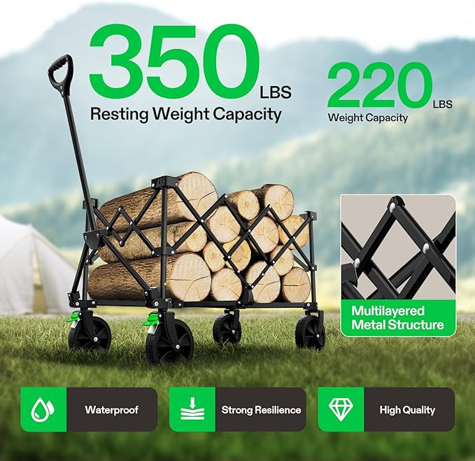 VIVOSUN Collapsible Folding Wagon, 350 lb Load-Bearing Outdoor Utility Cart with Silent Universal Wheels, Cup Holders &Side Pockets, Adjustable Handle, for Camping, Garden, Sports, Picnic, Shopping