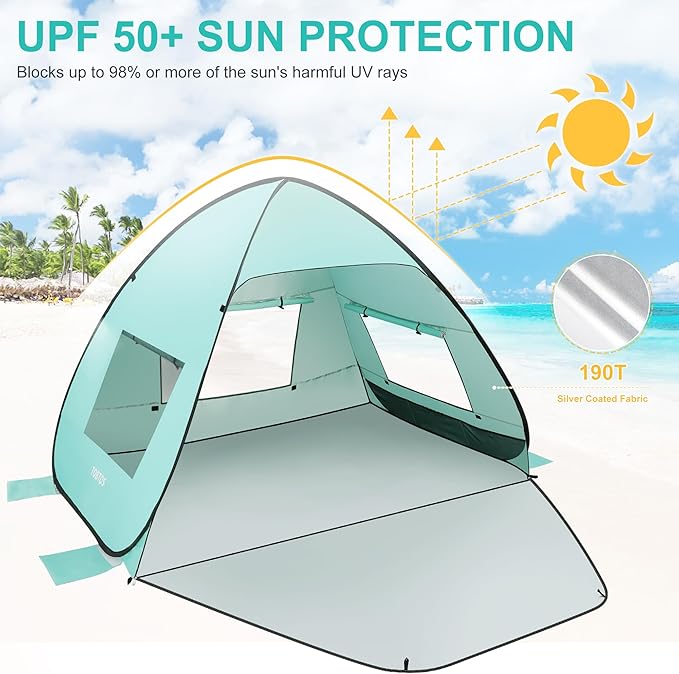 TOBTOS UPF 50+ Pop Up Beach Tent, Easy Set Up Beach Umbrella, Sun Shelter for 2-3 People UV Protection Portable Sunshade, Baby Canopy Cabana, Lightweight with Carry Bag