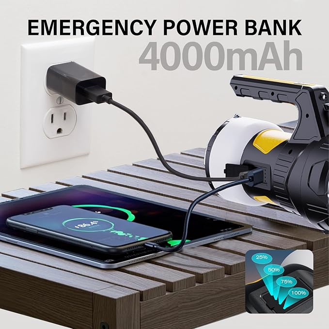 Camping Lantern with 48Ft Retractable String Lights, 4000mAh Rechargeable Spotlight with 4 Lighting Modes for Camping, Working, Home Emergency