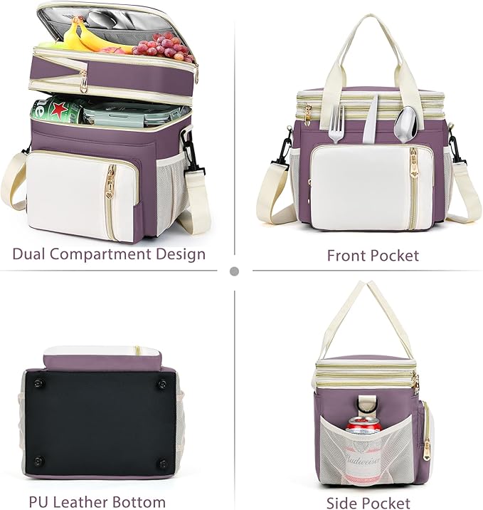LOKASS Lunch Box for Women, 16L, Double Deck Expandable Insulated Lunch box For Adults/Women Thermal Large Waterproof Leakproof Cooler Bag with Shoulder Strap - Mauve