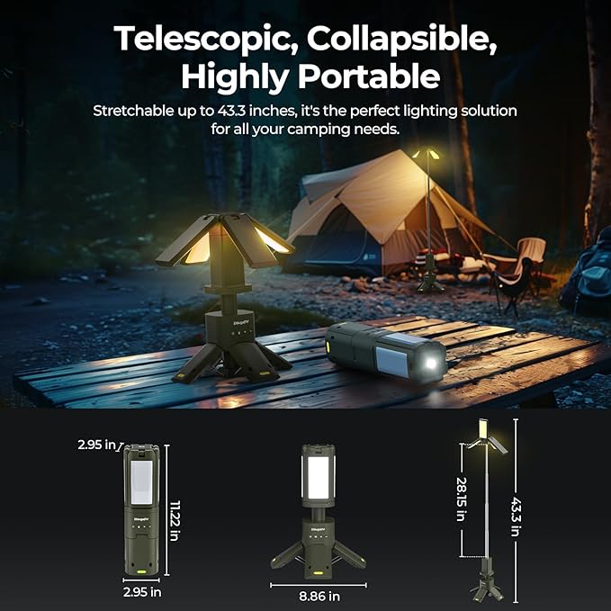 BougeRV Camping Light, Telescopic Rechargeable Camping Lantern, 13400mAh Rotatable Electric Outdoor Lamp, IPX5 Waterproof, Portable Light for Camping, Hiking, Power Outage, Adventure, Emergency Use