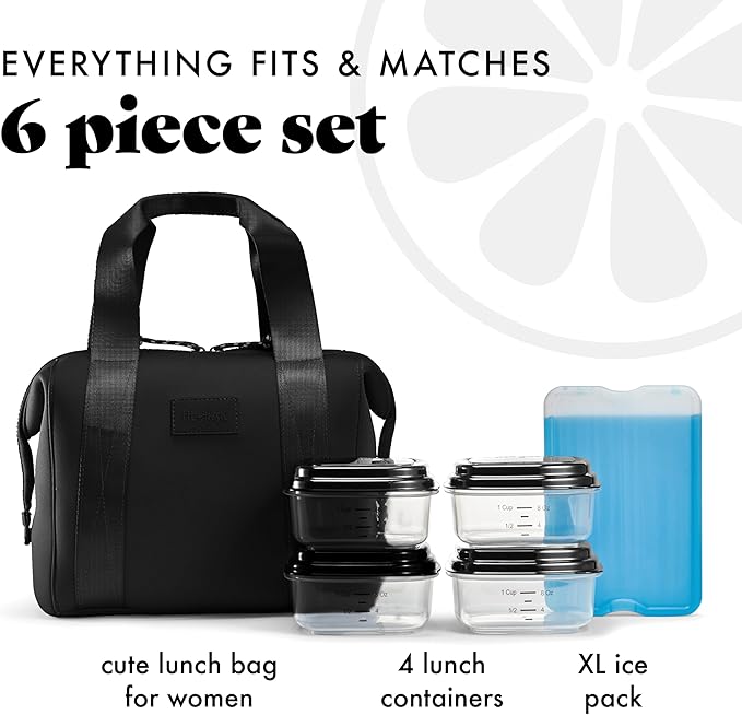 Fit & Fresh Neoprene Like Lunch Bag For Women, Insulated Womens Lunch Bag For Work, Tear & Stain Resistant Large Lunch Box With Containers and Ice, Machine Washable Remi Lunch Bag, Black