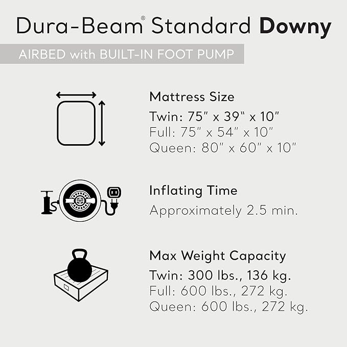 Intex 64761E Dura-Beam Standard Downy Air Mattress: Fiber-Tech – Twin Size – Built-in Foot Pump – 10in Bed Height – 300lb Weight Capacity